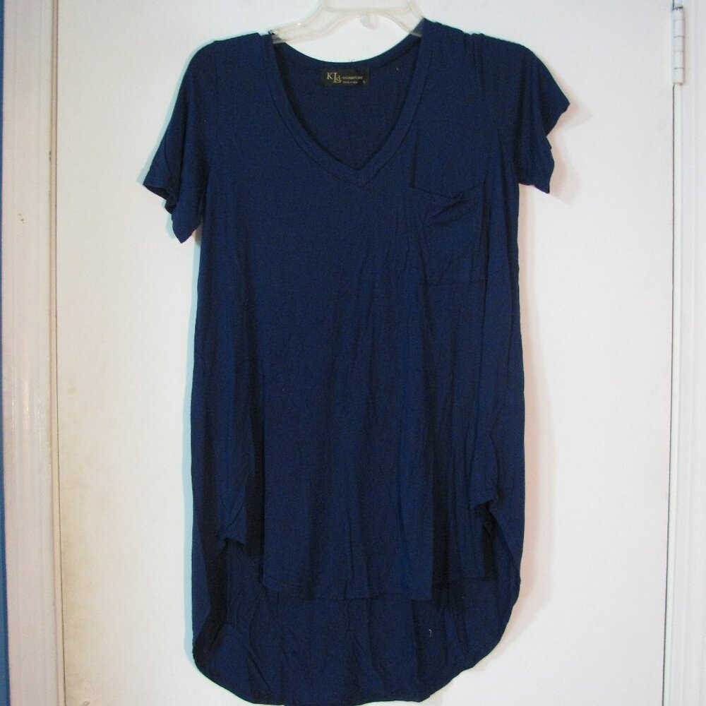 KLD Signature Tunic Small V Neckline Navy Blue Soft Stretch Blouse EUC